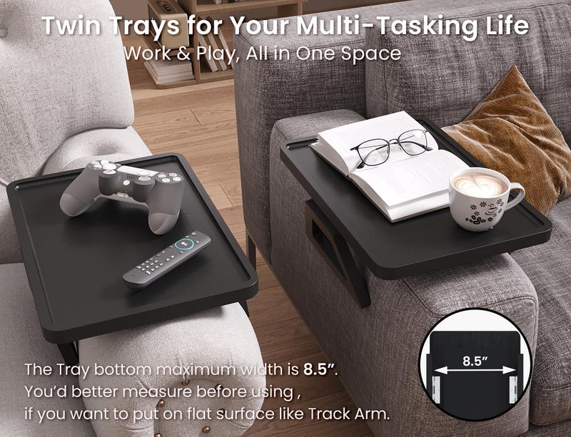 Danfoxer 2 Pack Couch Arm Tray,Bamboo Folding Sofa Tray,Sofa Armrest Trays Clip-On Couch Desk for Drinks,Snacks,Phone,Remote Control（Black） - Image 3